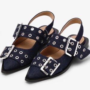 GANNI Denim Feminine Buckle Ballerina’s Pointed Toe Buckle EU39/US9 NWOB $425